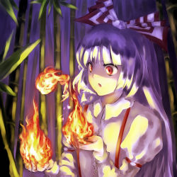 Rule 34 | 1girl, :o, bamboo, bamboo forest, bow, element bender, female focus, fire, forest, fujiwara no mokou, hair bow, long hair, nature, night, outdoors, puffy short sleeves, puffy sleeves, red eyes, shippori, shirt, shishou, short sleeves, solo, suspenders, touhou, upper body, very long hair, white hair, white shirt