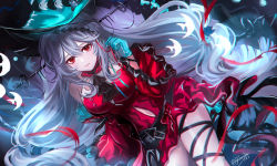 Rule 34 | 1girl, arknights, bare shoulders, blue gloves, blue headwear, commentary request, dress, gloves, hair between eyes, hand up, highres, long hair, looking at viewer, official alternate costume, philosophia, red dress, red eyes, silver hair, skadi (arknights), skadi the corrupting heart (arknights), solo, thighs