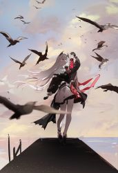 Rule 34 | 1girl, absurdres, animal, aonogura, arknights, arm up, bird, black footwear, black gloves, black jacket, blue sky, boots, capelet, cloud, cloudy sky, commentary, day, floating hair, gloves, grey hair, highres, holding, holding lantern, horizon, irene (arknights), jacket, lantern, long hair, long sleeves, ocean, outdoors, pantyhose, puffy long sleeves, puffy sleeves, skirt, sky, solo, symbol-only commentary, very long hair, water, white capelet, white pantyhose, white skirt