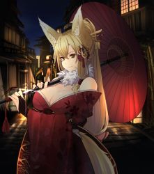 Rule 34 | &gt;:), 1girl, absurdres, animal ears, bare shoulders, breasts, bridal gauntlets, cleavage, closed mouth, cowboy shot, floral print, fox ears, fox girl, fox tail, from side, fur trim, hair between eyes, hair ornament, hair ribbon, hair stick, hair tubes, highres, japanese clothes, kimono, large breasts, long hair, long sleeves, looking at viewer, looking to the side, night, obi, off shoulder, oil-paper umbrella, original, outdoors, ponytail, ribbon, sakura inu, sash, smile, solo, tail, umbrella, v-shaped eyebrows, very long hair, wide sleeves, yellow eyes