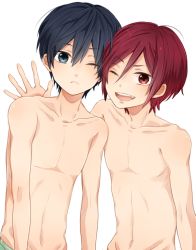 Rule 34 | 10s, 2boys, :&lt;, aged down, bad id, bad pixiv id, blue eyes, child, fang, free!, gyw, looking at viewer, male focus, matsuoka rin, multiple boys, nanase haruka (free!), navel, no nipples, one eye closed, open mouth, red eyes, red hair, short hair, simple background, smile, topless male, underwear, white background, wink