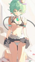 Rule 34 | 1girl, bare shoulders, black bra, black skirt, bra, breasts, cameltoe, closed mouth, clothes lift, commentary, core crystal (xenoblade), full body, glasses, green eyes, green hair, highres, looking at viewer, medium breasts, nail polish, navel, pandoria (xenoblade), panties, petals, pointy ears, purple nails, round eyewear, skirt, skirt lift, smile, solo, stephanieh81080, stomach, symbol-only commentary, tail, toenail polish, toenails, underwear, white panties, xenoblade chronicles (series), xenoblade chronicles 2
