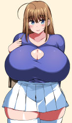 Rule 34 | 1girl, ahoge, bag, blouse, blue eyes, blue shirt, blush, breasts, brown background, brown hair, cleavage, cleavage cutout, clothing cutout, collarbone, cowboy shot, earrings, gigantic breasts, hand up, handbag, highres, jewelry, komusou (jinrikisha), long hair, long sleeves, looking at viewer, ooba minori, original, parted lips, pleated skirt, plump, shirt, simple background, skindentation, skirt, smile, solo, standing, stud earrings, teeth, thick thighs, thighhighs, thighs, white skirt, zettai ryouiki