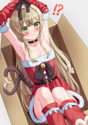Rule 34 | 1girl, @ @, alternate costume, armpits, arms up, bell, black choker, blonde hair, bound, bound wrists, box, breasts, cat feet, cat girl, cat tail, choker, closed mouth, commentary request, detached sleeves, dress, fur-trimmed dress, fur-trimmed sleeves, fur trim, genshin impact, green eyes, highres, in box, in container, kirara (genshin impact), long hair, mikoto (0709mikoto), multiple tails, neck bell, nekomata, red dress, red leg warmers, red sleeves, santa costume, santa dress, simple background, solo, strapless, strapless dress, tail, two tails