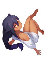 Rule 34 | 1girl, absurdres, arm support, bare legs, barefoot, black hair, braid, bright pupils, commentary request, dark-skinned female, dark skin, flat chest, from above, from behind, full body, hair between eyes, hair flaps, highres, jahy, jahy-sama wa kujikenai!, jewelry, konbu wakame, leaning back, leg up, long hair, looking at viewer, looking back, looking up, naked shirt, necklace, orange eyes, parted lips, see-through silhouette, shirt, simple background, single braid, solo, thigh gap, white background