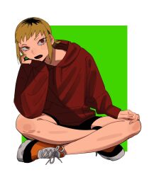 Rule 34 | 1girl, black shorts, blonde hair, chainsaw man, fang, head rest, highres, hood, hoodie, indian style, looking at viewer, multicolored hair, open mouth, red eyes, red hoodie, roots (hair), sawatari akane (chainsaw man), shoes, short hair, shorts, sitting, slit pupils, sneakers, solo, ten ten 10 10, two-tone background
