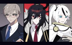 Rule 34 | 1girl, 2boys, black hair, black jacket, blue eyes, blue necktie, brooch, collared shirt, column lineup, cosmichorror, dragon horns, e.g.o (project moon), glasses, gold trim, green eyes, hair bun, highres, horns, jacket, jewelry, letterboxed, library of ruina, long hair, multicolored hair, multiple boys, necktie, philip (project moon), project moon, red eyes, red necktie, scales, shirt, side ponytail, sidelocks, streaked hair, very long hair, white hair, white shirt, wing collar, xiao (project moon), yan vismok