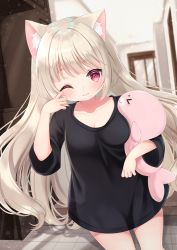 Rule 34 | &gt; &lt;, 1girl, animal ear fluff, animal ears, black shirt, blurry, blurry background, blush, breasts, cat ears, collarbone, commentary request, depth of field, hand up, highres, indoors, light brown hair, long hair, mirai (happy-floral), hugging object, original, red eyes, rubbing eyes, shirt, short sleeves, sleepy, small breasts, solo, standing, stuffed animal, stuffed seal, stuffed toy, very long hair