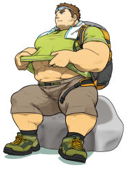 Rule 34 | 1boy, abs, backpack, bag, bara, clothes lift, eyewear on head, full body, green eyes, green shirt, grey shorts, large pectorals, long sideburns, male focus, mature male, muscular, muscular male, oyama soil (osansyoup), pectorals, shirt, shirt lift, shoes, short hair, shorts, sideburns, sitting, sneakers, solo, stomach, sunglasses, sweat, thick eyebrows, thick thighs, thighs, tight clothes, tight shirt, tokyo houkago summoners, zao (housamo)