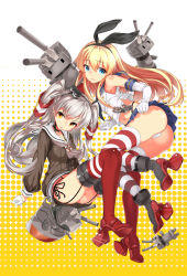 Rule 34 | 10s, 2girls, amatsukaze (kancolle), ankle boots, armored boots, blonde hair, blue eyes, boots, brown eyes, dress, gloves, grey footwear, hairband, highres, kantai collection, kikimi, long hair, multiple girls, red footwear, rensouhou-chan, rensouhou-kun, sailor dress, shimakaze (kancolle), short dress, silver hair, striped clothes, striped legwear, striped thighhighs, thigh boots, thighhighs, twintails, two side up, uniform