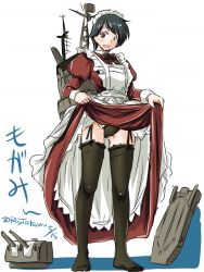 Rule 34 | 10s, 1girl, alternate costume, apron, black hair, black panties, black thighhighs, clothes lift, enmaided, garter straps, kantai collection, long sleeves, maid, maid apron, maid headdress, mogami (kancolle), no shoes, open mouth, panties, puffy sleeves, rigging, short hair, simple background, skirt, skirt lift, smokestack, solo, tatsumi ray, thighhighs, turret, underwear, white background