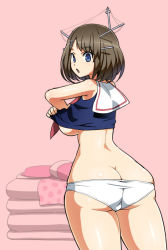 Rule 34 | 10s, 1girl, ass, bad deviantart id, bad id, blue eyes, breasts, brown hair, butt crack, clothes lift, kantai collection, large breasts, looking back, maya (kancolle), open mouth, otoi rekomaru, panties, pink background, shirt lift, short hair, skindentation, solo, surprised, thighs, trefoil, underboob, underwear, white panties, wide hips