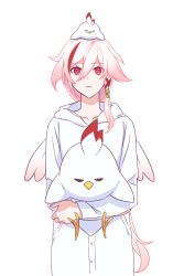 Rule 34 | 1girl, absurdres, animal, animal ear fluff, animal on head, closed mouth, fu hua, fu hua (phoenix), highres, holding, honkai (series), honkai impact 3rd, long sleeves, looking at viewer, on head, pajamas, ponytail, red eyes, simple background, solo, stuffed toy, white background, white hair