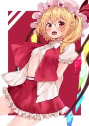 Rule 34 | 1girl, arms behind back, belt, blonde hair, blush, bow, breasts, collared shirt, crystal wings, fang, flandre scarlet, frilled skirt, frilled sleeves, frills, hat, hat bow, hat ribbon, highres, looking at viewer, miniskirt, mob cap, nigo (aozoragarou), open clothes, open mouth, open vest, partially unbuttoned, pointy ears, puffy short sleeves, puffy sleeves, red bow, red eyes, red ribbon, red skirt, red vest, ribbon, shirt, short hair, short sleeves, side ponytail, skin fang, skirt, small breasts, solo, tongue, touhou, vest, white belt, white hat, white shirt, wings