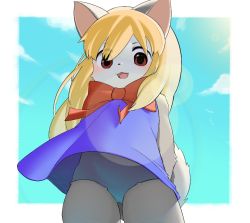 Rule 34 | 1girl, :3, akuma gaoru, animal ears, animal nose, bad id, bad pixiv id, black fur, blonde hair, blue dress, blush, body fur, bow, cloud, commentary request, cowboy shot, dress, fangs, furry, furry female, futaba channel, long hair, looking at viewer, open mouth, red bow, red eyes, school swimsuit, sky, smile, solo, sunlight, swimsuit, tail, uripi, white fur