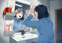 Rule 34 | 1girl, :3, arms up, bathroom, black hair, blue eyes, blue shirt, blush stickers, collared shirt, commentary, cutting hair, cutting own hair, english commentary, failure, fluorescent lamp, from behind, hair behind ear, hair dryer, highres, holding, holding own hair, holding scissors, looking at mirror, lotion bottle, medium hair, mirror, nervous smile, open mouth, original, pajamas, scissors, shirt, sink, smile, solo, su ke234, sweatdrop, upper body, v-shaped eyebrows
