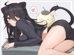 Rule 34 | 1girl, :3, absurdres, ahoge, alternate costume, alternate hair color, animal ears, ass, black hair, black nails, black shirt, black shorts, blush, breasts, earrings, eyes visible through hair, from side, grey background, grey eyes, hair between eyes, hair in another&#039;s mouth, hanging breasts, heart, highres, hololive, jewelry, legs together, light blush, lion ears, long bangs, long hair, long sleeves, looking at viewer, looking back, lying, medium breasts, micon, midriff peek, multiple earrings, on stomach, shirt, shishiro botan, short shorts, shorts, sidelocks, smile, solo, speech bubble, spoken heart, ssrb (shishiro botan), tail, tail raised, thighs, virtual youtuber