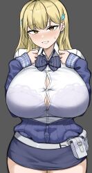 Rule 34 | 1girl, absurdres, belt pouch, blonde hair, blue bow, blue bowtie, blue jacket, blush, bow, bowtie, bra visible through clothes, breasts, brown eyes, button gap, cleavage, collared shirt, earrings, goddess of victory: nikke, goma., grin, hair ornament, hairclip, highres, huge breasts, jacket, jewelry, long hair, mole, mole under eye, off-shoulder jacket, off shoulder, pencil skirt, pouch, shirt, skirt, sleeves past wrists, smile, solo, sweatdrop, tia (nikke), white shirt