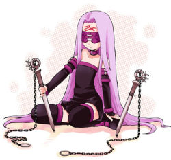 Rule 34 | 00s, 1girl, b.tarou, blindfold, chain, dress, fate/stay night, fate (series), long hair, lowres, medusa (fate), medusa (rider) (fate), nameless dagger (fate), purple hair, solo, strapless, strapless dress, thighhighs, very long hair, weapon