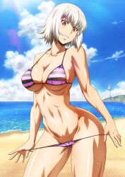 Rule 34 | 10s, 1girl, beach, bikini, bikini pull, breasts, cleavage, clothes pull, collarbone, contrapposto, covered erect nipples, cowboy shot, day, groin, head tilt, highres, hip focus, killing bites, large breasts, looking at viewer, navel, official art, orange eyes, shiny skin, smile, standing, string bikini, striped bikini, striped clothes, swimsuit, toned, tsurime, uzaki hitomi, watanabe kazuo, wet, white hair