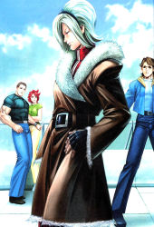 Rule 34 | 1girl, 3boys, androgynous, ash crimson, belt, blonde hair, cloud, cloudy sky, day, fingerless gloves, fur trim, gloves, hair over one eye, hairband, long coat, multiple boys, muscular, sky, snk, solo focus, the king of fighters, turtleneck