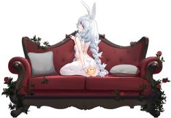 Rule 34 | + +, 1girl, animal ear fluff, animal ears, ass, azur lane, back, bare back, bare shoulders, black background, blue eyes, blush, braid, braided ponytail, breasts, bug, butterfly hair ornament, closed mouth, couch, cushion, extra ears, fake animal ears, fake tail, flower, from behind, from side, full body, grey hair, hair ornament, hairband, highres, holding, kincora, kneeling, le malin (azur lane), le malin (listless lapin) (azur lane), leotard, long hair, looking at viewer, looking back, low twin braids, manjuu (azur lane), no shoes, official alternate costume, official art, on couch, pantyhose, pillow, plant, playboy bunny, rabbit ears, rabbit tail, red flower, red rose, rose, sidelocks, simple background, single braid, sitting, sitting on animal, skindentation, small breasts, soles, solo, tail, thigh strap, thighs, transparent background, twin braids, twintails, very long hair, white hairband, white leotard, white pantyhose, wrist cuffs