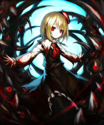 Rule 34 | 1girl, ascot, black skirt, black vest, blonde hair, blood, blood on clothes, blood on hands, closed mouth, collared shirt, darkness, frilled shirt collar, frilled skirt, frills, hair between eyes, hair ribbon, highres, long sleeves, outstretched arms, red ascot, red eyes, red ribbon, ribbon, rumia, shirt, short hair, skirt, solo, spark621, spread arms, touhou, umbrakinesis, vest, white shirt