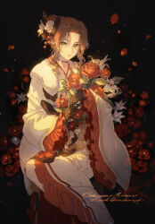 1girl aerith_gainsborough aerith_gainsborough_(festive_crimson_attire) black_background bouquet brown_gloves brown_hair character_name choker closed_mouth commentary falling_petals final_fantasy final_fantasy_vii final_fantasy_vii_ever_crisis flower frilled_kimono frills fur-trimmed_kimono fur_trim furisode gloves gold_trim green_eyes hair_bun hair_flower hair_ornament highres holding holding_bouquet japanese_clothes kieta kimono light_smile lily_(flower) long_hair looking_at_viewer official_alternate_costume parted_bangs pendant_choker petals red_flower red_petals sidelocks solo tassel tassel_hair_ornament updo white_flower white_kimono wide_sleeves