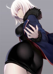 Rule 34 | 1girl, ahoge, ass, black dress, blue jacket, breasts, cowboy shot, dress, fate/grand order, fate (series), from behind, fur trim, jacket, jeanne d&#039;arc (fate), jeanne d&#039;arc alter (fate), jeanne d&#039;arc alter (ver. shinjuku 1999) (fate), long sleeves, looking at viewer, looking back, machimura komori, md5 mismatch, medium breasts, official alternate costume, open clothes, open jacket, pale skin, resolution mismatch, short dress, short hair, solo, source larger, white hair, yellow eyes