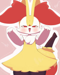 Rule 34 | 1girl, animal ear fluff, animal ears, animal nose, black fur, blush, body fur, braixen, cowboy shot, creatures (company), fang, female focus, flat chest, fox ears, fox girl, fox tail, game freak, gen 6 pokemon, half-closed eyes, hands up, happy, heart, highres, looking at viewer, multicolored fur, neck fur, nintendo, open mouth, pokemon, pokemon (creature), red background, red eyes, sakuyan (sakuyan1007), smile, snout, solo, standing, stick, straight-on, tail, thick thighs, thighs, white fur, wide hips, yellow fur