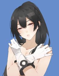 Rule 34 | 1girl, bare shoulders, black hair, blue background, breasts, cleavage, gloves, hair between eyes, hair over shoulder, half-closed eyes, hands on own shoulders, kantai collection, long hair, looking at viewer, neko (ganecooo), nude, parted lips, ponytail, red eyes, simple background, solo, upper body, white gloves, yahagi (kancolle)