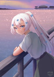 Rule 34 | 1girl, blue eyes, blue flower, character name, closed mouth, flower, from side, green skirt, grey hair, hair flower, hair ornament, happy tears, highres, horizon, indie virtual youtuber, leaning forward, long hair, looking at viewer, looking to the side, lyrica (vtuber), ocean, outdoors, ponytail, railing, shirt, short sleeves, sidelocks, signature, skirt, smile, solo, tears, temachii, virtual youtuber, white shirt