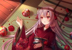 Rule 34 | 1girl, alternate costume, ball, bell, buttons, floral print, from above, hair bell, hair ornament, haruhitooo, highres, hololive, horns, japanese clothes, kimono, long hair, long sleeves, lying, multicolored hair, nakiri ayame, on back, on floor, oni, red eyes, red hair, skin-covered horns, sliding doors, solo, streaked hair, tatami, thread, upper body, virtual youtuber, white hair