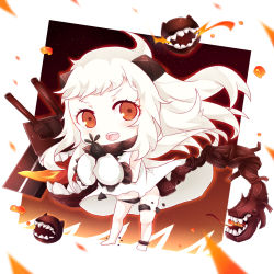 Rule 34 | 10s, 1girl, :d, abyssal ship, ahoge, aircraft, airplane, black panties, chibi, colored skin, dress, highres, holding, horns, kantai collection, leaning forward, long hair, looking at viewer, machinery, mittens, navel, northern ocean princess, open mouth, orange eyes, panties, pantyshot, smile, soda (sodachuxd), solo, standing, toy airplane, turret, underwear, white dress, white hair, white skin, wind