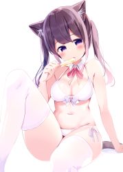 Rule 34 | 1girl, animal ears, arm support, bare arms, bare shoulders, bikini, blush, bow, breasts, brown hair, cat ears, cat girl, cat tail, chikuwa., cleavage, closed mouth, collar, commentary request, detached collar, food, front-tie bikini top, front-tie top, head tilt, highres, holding, holding food, licking, long hair, looking at viewer, medium breasts, navel, neck ribbon, original, popsicle, purple eyes, red ribbon, ribbon, side-tie bikini bottom, sidelocks, sitting, solo, swimsuit, tail, thighhighs, thighs, tongue, tongue out, twintails, white background, white bikini, white bow, white collar, white thighhighs