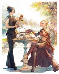 Rule 34 | 2girls, arm guards, belt, black footwear, black hair, black necktie, black pants, black vest, blonde hair, blue eyes, boots, border, braid, brown gloves, buttons, chair, commentary, cropped jacket, crossed legs, cup, drink, eye contact, final fantasy, final fantasy xiv, flower, from side, full body, glasses, gloves, grey eyes, hair bun, highres, holding, holding cup, hyur, jacket, looking at another, midriff, minfilia warde, mug, multiple braids, multiple girls, navel, necktie, on chair, outdoors, pants, pink jacket, pouring, semi-rimless eyewear, shirt, short hair, shukei, single hair bun, sitting, smile, standing, swept bangs, symbol-only commentary, table, tea, tea set, teacup, teapot, thigh boots, tiered tray, under-rim eyewear, uniform, vest, warrior of light (ff14), watercolor effect, white border, white shirt