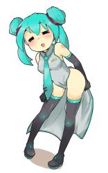 Rule 34 | 1girl, = =, alternate hairstyle, aqua hair, blush, boots, china dress, chinese clothes, double bun, dress, female focus, full body, hatsune miku, legs, long hair, necktie, pukubo, smile, solo, thigh boots, thighhighs, vocaloid, white background, zettai ryouiki