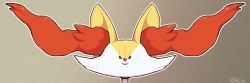 Rule 34 | 1other, animal ear fluff, animal ears, animal nose, black eyes, body fur, boke-chan, braixen, brown background, creatures (company), fox ears, furry, game freak, gen 6 pokemon, gradient background, happy, looking at viewer, nintendo, open mouth, other focus, outline, pokemon, pokemon (creature), portrait, signature, simple background, smile, snout, solo, straight-on, twitter username, two-tone fur, white fur, white outline, yellow fur