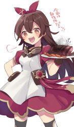 Rule 34 | 1girl, puff of air, amber (genshin impact), apron, black thighhighs, blush, breasts, brown eyes, brown gloves, brown hair, burnt food, check commentary, commentary, commentary request, dress, food, genshin impact, gloves, goggles, goggles around neck, hair between eyes, hair ribbon, highres, holding, holding plate, long hair, meat, official alternate costume, open mouth, plate, pouch, red dress, red ribbon, ribbon, shirase (shirose), simple background, small breasts, smoke, solo, teeth, thighhighs, translation request, tray, vision (genshin impact), white apron, white background