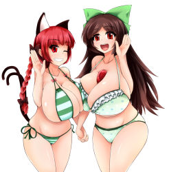 Rule 34 | 2girls, animal ears, between breasts, bikini, blush, braid, breast press, breasts, brown hair, cat ears, cat girl, cat tail, cleavage, female focus, hair ribbon, huge breasts, hydrant (kasozama), kaenbyou rin, long hair, multiple girls, one eye closed, open mouth, red eyes, red hair, reiuji utsuho, ribbon, simple background, skindentation, smile, standing, swimsuit, symmetrical docking, tail, thighs, touhou, white background, wink