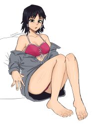 Rule 34 | 1girl, absurdres, artist name, barefoot, black hair, bra, breasts, chainsaw man, commentary, english commentary, highres, legs, looking at viewer, low-tied sidelocks, mifune fumiko, open mouth, sharpink, short hair, solo, underwear