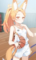 Rule 34 | 1girl, absurdres, alternate costume, alternate hairstyle, animal ear fluff, animal ears, ball, basketball, basketball uniform, blonde hair, blue archive, blush, bright pupils, collarbone, halo, highres, holding, holding ball, indoors, long hair, looking at viewer, ponytail, red eyes, seia (blue archive), solo, sportswear, standing, syhan, tail, thighs, two-tone eyes, white pupils, yellow eyes, yellow halo