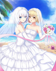 Rule 34 | 2girls, 3:, :o, :p, absurdres, bad id, bad pixiv id, bare shoulders, beach, bird, blonde hair, blue eyes, blue sky, blush, bouquet, breasts, bridal veil, bucket, chinese commentary, cloud, collarbone, commentary request, couple, dahe zhuang (yishi fanhua), day, dress, elbow gloves, eyes visible through hair, feet out of frame, female focus, flower, frills, gloves, hair between eyes, hair ornament, hairclip, hand up, highres, holding, holding flower, hug, layered dress, light rays, long dress, looking at viewer, medium breasts, multiple girls, neck, ocean, open mouth, original, outdoors, palm tree, pink ribbon, purple flower, purple rose, red flower, red rose, ribbon, rose, sand, seashell, shell, short hair, shovel, silver hair, sky, standing, strapless, strapless dress, tiara, tongue, tongue out, tree, veil, wedding dress, white dress, white flower, white gloves, white rose, wife and wife, yellow eyes, yellow flower, yuri