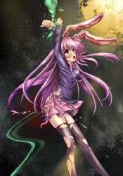 Rule 34 | 1girl, animal ears, arms up, assisted exposure, bdsm, blazer, blush, bondage, bound, bound wrists, female ejaculation, female focus, jacket, legs, long hair, monikano, pink hair, purple hair, pussy juice, rabbit ears, red eyes, reisen udongein inaba, skirt, slave, solo, spanked, spanking, suspension, tears, tentacles, thighhighs, tongue, torn clothes, torn thighhighs, touhou, whipping