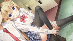 Rule 34 | 1boy, 1girl, alice third macy, black thighhighs, blonde hair, blue eyes, blush, bow, bowtie, breasts, game cg, happy, highres, kantoku, koi suru kanojo no bukiyou na butai, large breasts, legs, long hair, looking away, school uniform, shoes, sitting, skirt, smile, solo focus, thighhighs, thighs, wet, wet clothes