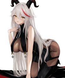 Rule 34 | 1girl, aegir (azur lane), all fours, asymmetrical footwear, azur lane, bare shoulders, black garter straps, bodystocking, boots, breast curtains, breasts, cleavage, cross, cross-laced clothes, demon horns, garter straps, grey hair, hair on horn, hand up, horns, knee boots, large breasts, long hair, mechanical horns, multicolored hair, red hair, sa (nax49), single knee boot, solo, streaked hair, underbust, uneven footwear, white background, yellow eyes