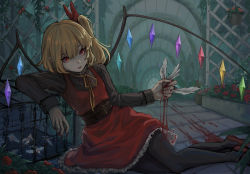 Rule 34 | 1girl, absurdres, bird, black pantyhose, blonde hair, blood, crystal, dead animal, death, fingernails, flandre scarlet, flower, full of energy, guro, hair between eyes, highres, looking at viewer, nail polish, no headwear, one side up, pantyhose, red eyes, red flower, red nails, red ribbon, red rose, ribbon, rose, sharp fingernails, shirt, solo, striped clothes, striped shirt, touhou, wings