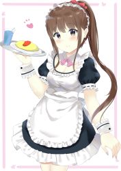 Rule 34 | 1girl, 7 calpis 7, apron, bendy straw, black dress, blush, bow, breasts, brown eyes, brown hair, cleavage, closed mouth, collar, commentary request, cup, detached collar, dress, drinking glass, drinking straw, food, frilled apron, frilled dress, frills, hand up, heart, high ponytail, highres, holding, holding tray, long hair, maid, omelet, omurice, original, pink bow, plate, ponytail, puffy short sleeves, puffy sleeves, ribbon-trimmed sleeves, ribbon trim, short sleeves, sidelocks, small breasts, smile, solo, star (symbol), tray, very long hair, white apron, white background, white collar, wrist cuffs