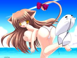 Rule 34 | 1girl, ass, barefoot, bent over, bikini, breast hold, breasts, clothes theft, covering privates, covering breasts, feet, huge breasts, pussy, panties, pussy, pussy juice, shikigami azuma, shy, sideboob, solo, swimsuit, swimsuit theft, theft, toes, underwear, water