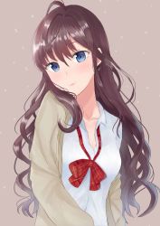 Rule 34 | 1girl, :3, absurdres, ahoge, bad id, bad pixiv id, blue eyes, blush, bow, bowtie, breasts, brown background, brown hair, brown jacket, cleavage, closed mouth, collared shirt, earrings, glint, hair between eyes, highres, ichinose shiki, idolmaster, idolmaster cinderella girls, jacket, jewelry, kubong, long hair, long sleeves, medium breasts, open clothes, open jacket, plaid, plaid bow, plaid bowtie, plaid neckwear, red bow, red bowtie, revision, shirt, solo, sparkle, white shirt